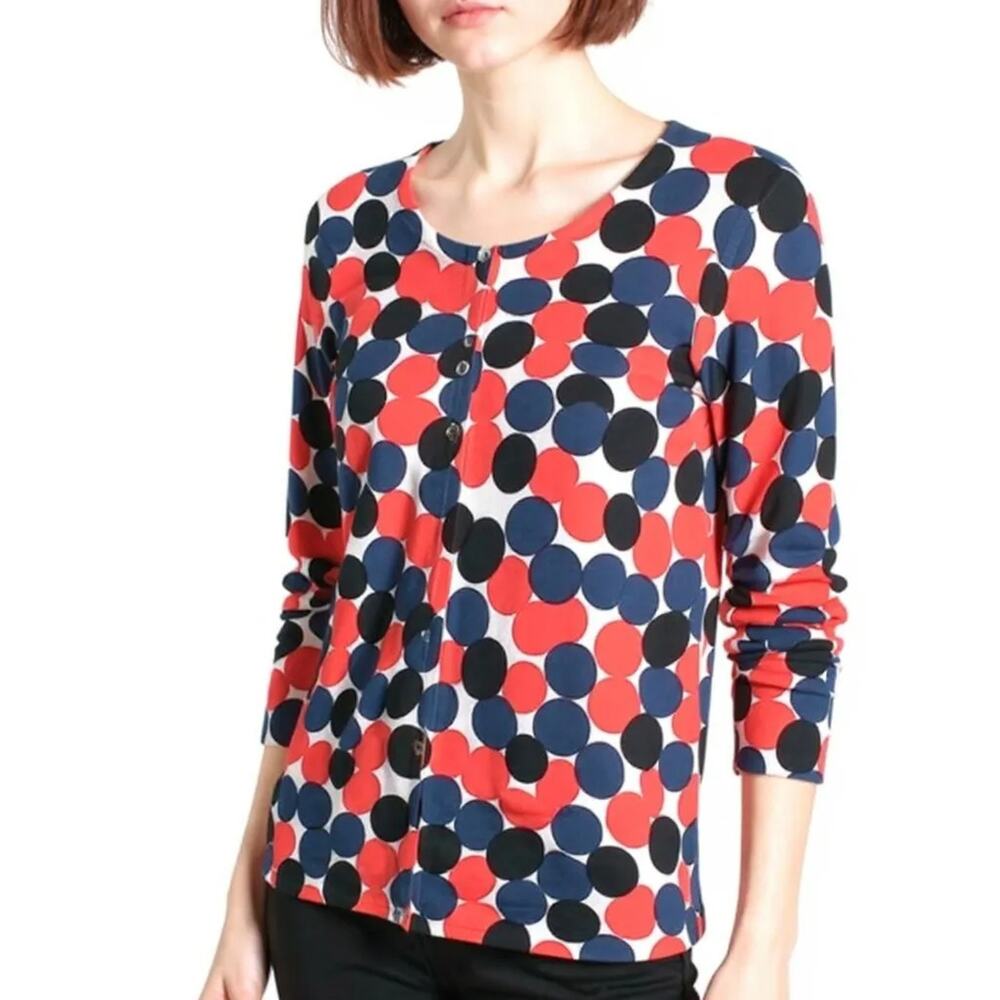 August Silk Cardigan Women's Sz M Multicolor Dots Long Sleeve Button Up Sweater